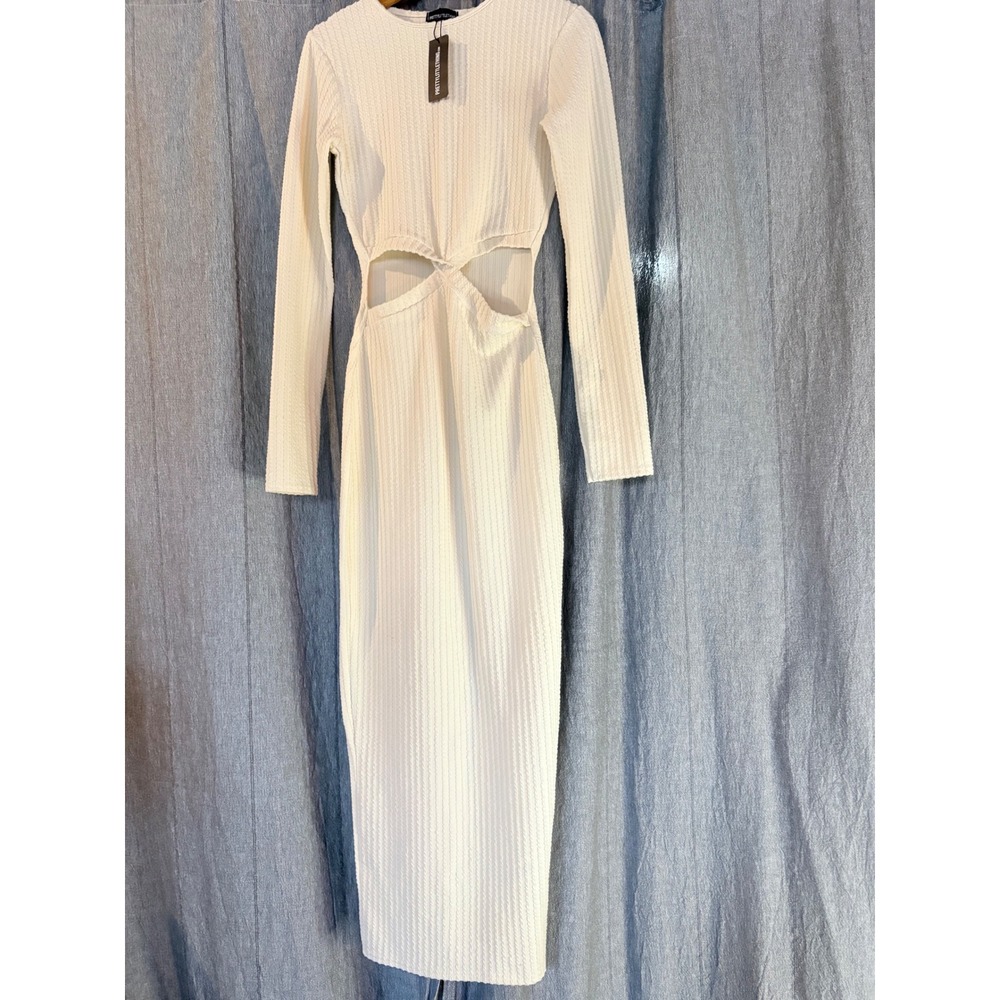 PRETTYLITTLETHING‎ White Ribbed Cutout Long Sleeve Midi Dress Size 0